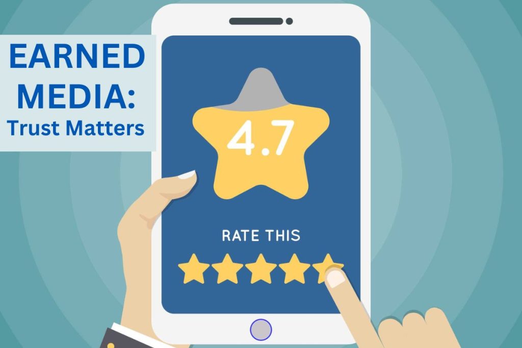 Five-star customer reviews on a digital screen illustrating earned media and social proof.